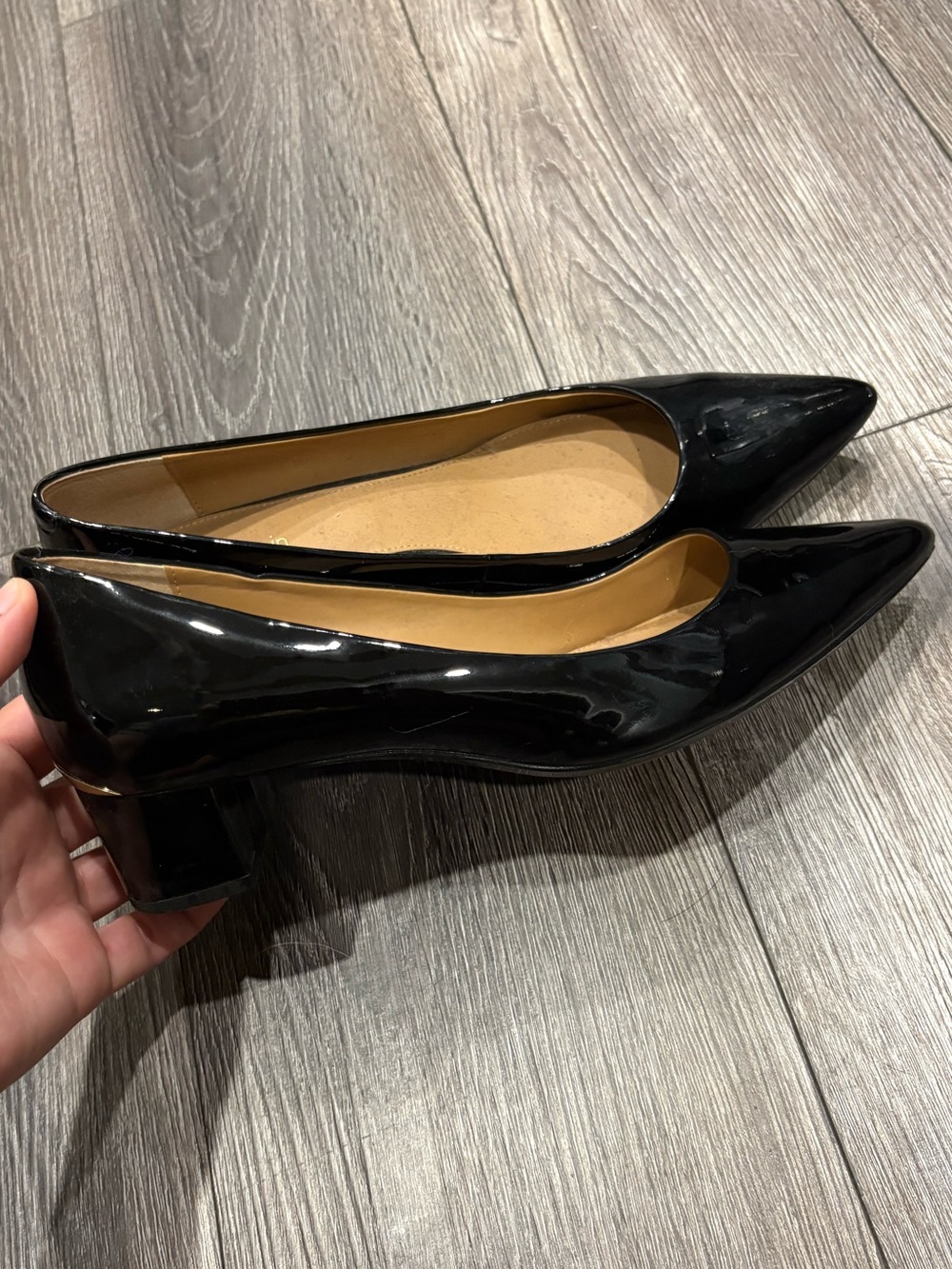 Calvin Klein Classic Black Patent Pointed-Toe Low Block Heel Pumps